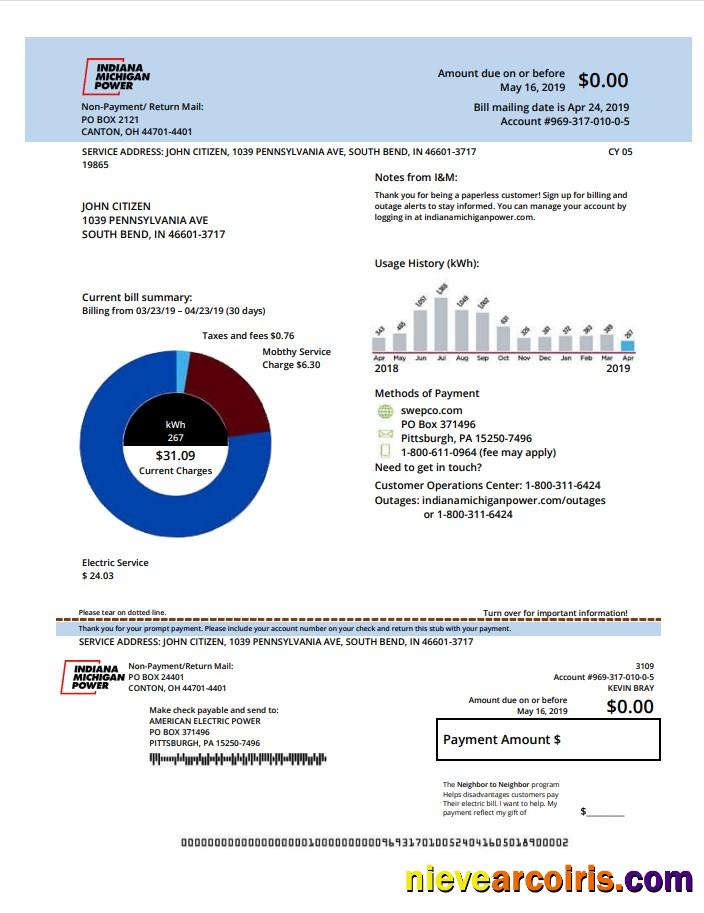 USA Indiana electricity utility bill